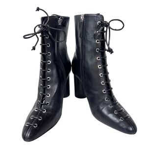 Zara Laced Front Heeled Ankle Pointed Boots Size 36 Black Leather New with Tags